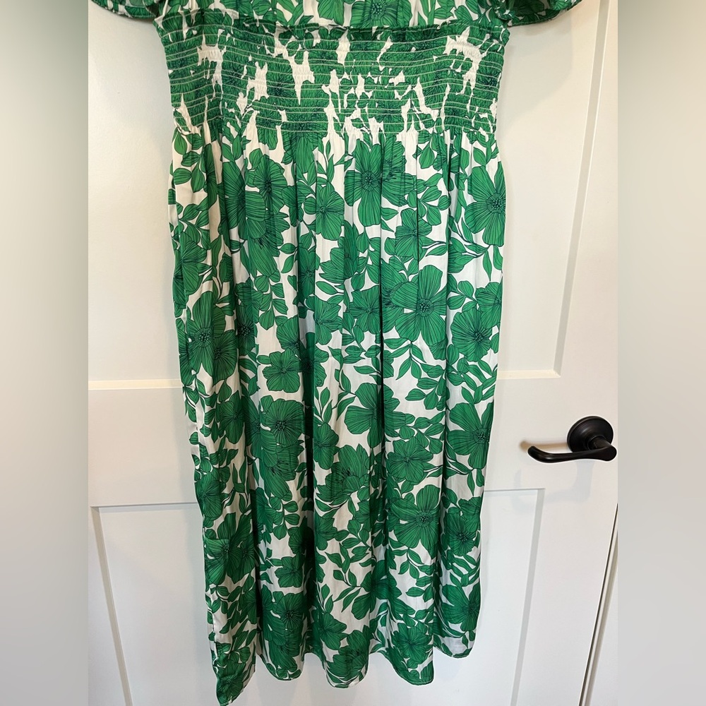 JCREW Smocked Waist Greenhouse Floral Kelly Green Preppy Garden Dress sz L - Picture 7 of 13